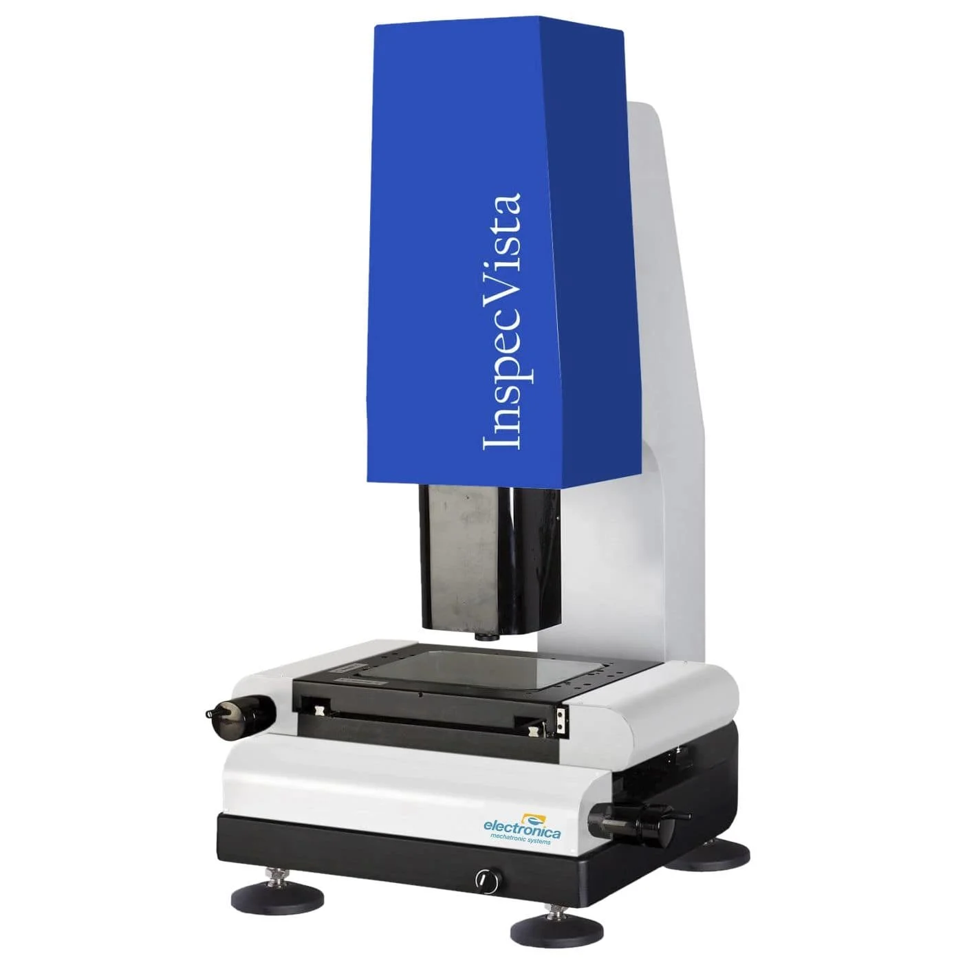 Microscopio con schermo e copertura blu con la scritta 'Inspirec Vista'