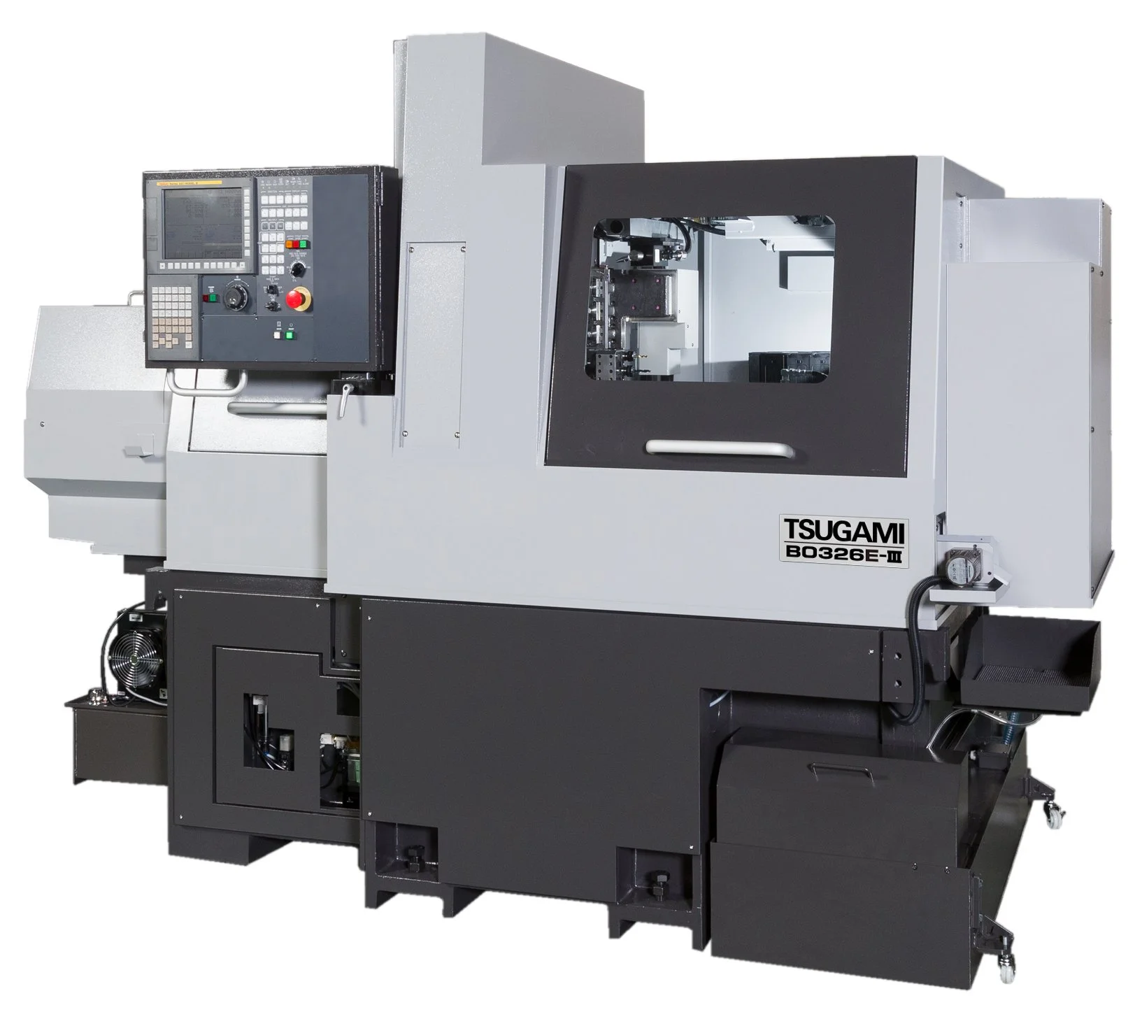 Macchina CNC industriale di colore grigio con pannello di controllo e finestra frontale, marca Tsugami B0326E-III.